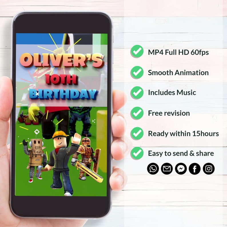 May include: A digital invitation for a 10th birthday party featuring a Roblox theme. The invitation includes a green background with Roblox characters and the text "Oliver's 10th Birthday".