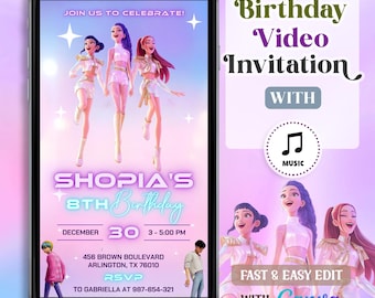 K-Pop Geburtstags-Videoeinladung, animierte Mädchengruppe, bearbeitbare Vorlage