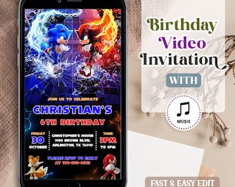 Animated Sonic Birthday Video Invitation: Editable Electronic Invite (Digital Download)