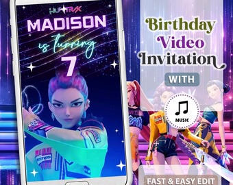 May include: A smartphone displays a birthday video invitation with the name "Madison" and the number "7". The invitation features a stylized animated character and the text "Birthday Video Invitation with Music". The design includes the Canva logo.