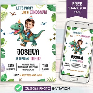 Personalized Dinosaur Birthday Invitation, Custom Face Photo, Party Hat Invite, Three Rex Birthday Dino Party, Printable, Digital Download