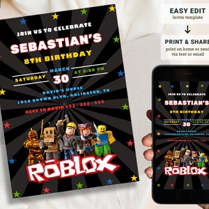 Roblox Invitation, Roblox Invite, Game Party, Roblox Boy Birthday Invitation Template, Game Birthday, Kids Roblox, Editable Template, Canva