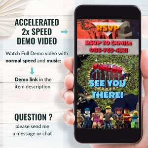 May include: A smartphone screen displaying a Roblox game event invitation with the text "RSVP to Camille 085-765-4321" and "See you there!" The background image shows a crowd of Roblox avatars.