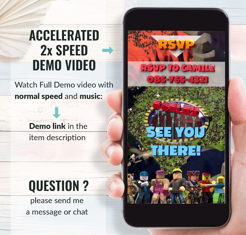 May include: A smartphone screen displaying a Roblox game event invitation with the text "RSVP to Camille 085-765-4321" and "See you there!" The background image shows a crowd of Roblox avatars.