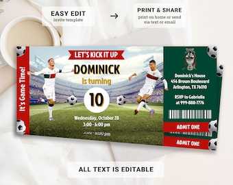 Editable Ticket Soccer Birthday Invitation Template, Soccer Birthday Invite, Football Birthday Invitations, Instant Download