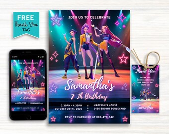 K-Pop Dämonenjäger Einladungskarte zum Geburtstag | Bearbeitbare Canva Vorlage