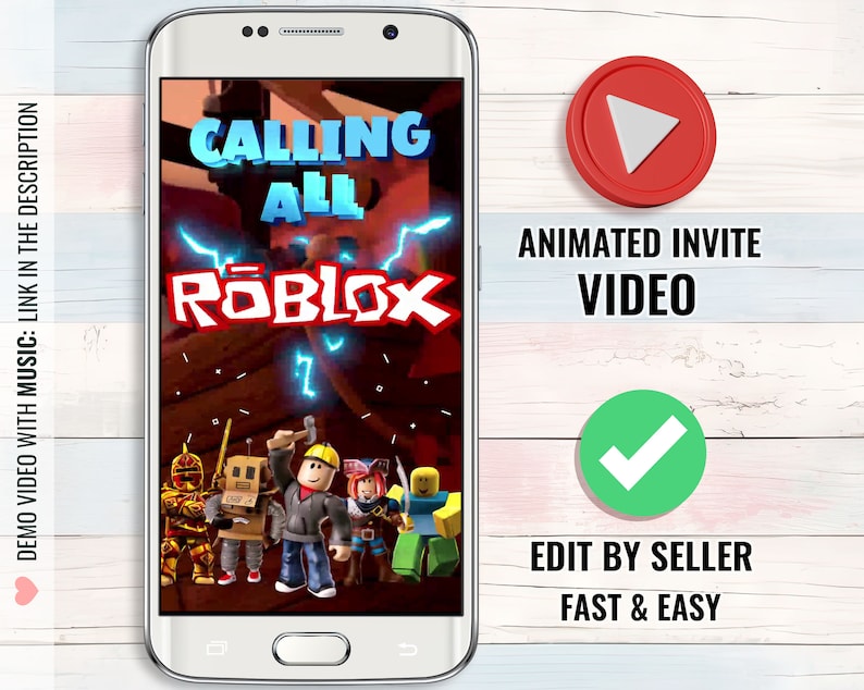 May include: A smartphone screen displaying an animated video invite for a Roblox game. The video features the text "Calling All Roblox" with animated lightning bolts and a group of Roblox avatars. The text "Animated Invite Video" appears above the phone and "Edit by Seller Fast & Easy" appears below the phone.