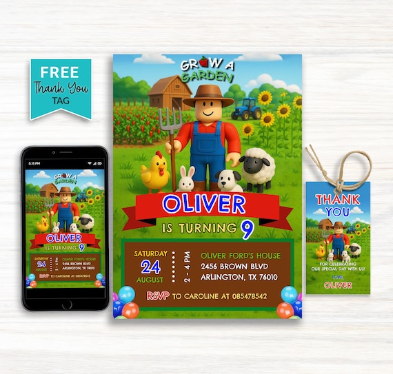 Roblox Grow A Garden Birthday Invitation: Editable Game Party Template (Digital Download)