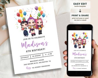 K-Pop Anime Birthday Invitation, Editable Canva Template (Digital Download)