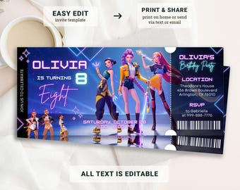 K-pop Demon Hunter födelsedagsinbjudan, redigerbara biljettdesigner, festpass i konsertstil, digital nedladdning, Canva-mall, K-pop-stjärna
