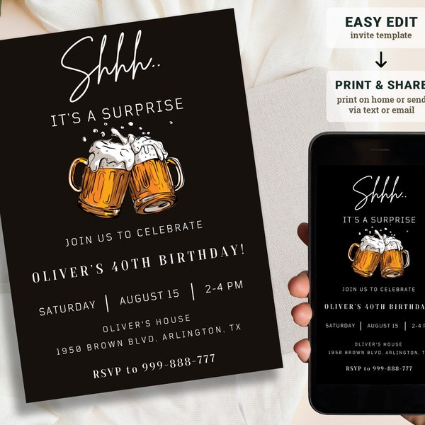 Beer Surprise Birthday Party Invitation, 30th 40th 50th Adult Birthday invite, DIY Instant Printable Digital Download, EDITABLE
