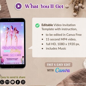 May include: A smartphone displays a birthday invitation template. The invitation features a design with three animated figures, the text "Olivia's 8th Birthday," and event details. The image also includes text about the video invitation.