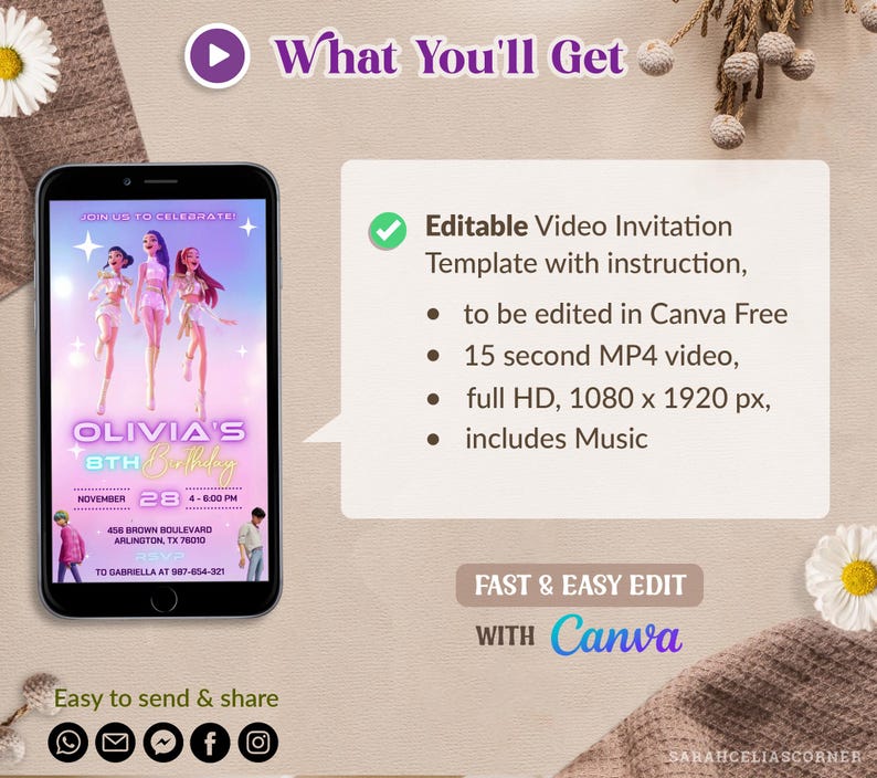 May include: A smartphone displays a birthday invitation template. The invitation features a design with three animated figures, the text "Olivia's 8th Birthday," and event details. The image also includes text about the video invitation.