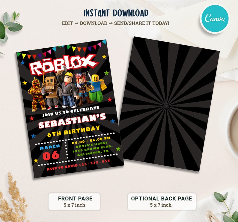 Roblox uitnodiging, Roblox uitnodigen, Game Party, Roblox Boy verjaardagsuitnodiging sjabloon, spel verjaardag, Kids Roblox, bewerkbare sjabloon, Canva afbeelding 3