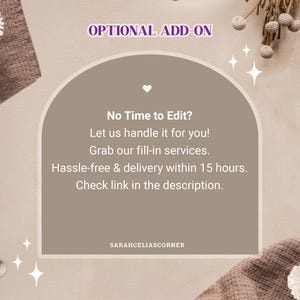 May include: A beige graphic with the text "OPTIONAL ADD-ON" at the top. The text "No Time to Edit?" is followed by service details, including "Hassle-free & delivery within 15 hours." The seller's name, SARAHCELIASCORNER, is at the bottom.