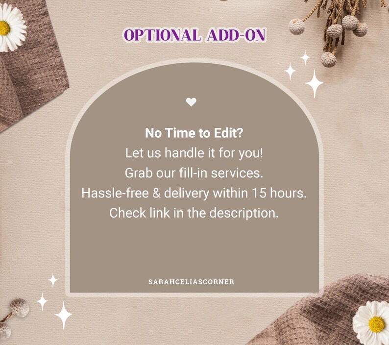 May include: A beige graphic with the text "OPTIONAL ADD-ON" at the top. The text "No Time to Edit?" is followed by service details, including "Hassle-free & delivery within 15 hours." The seller's name, SARAHCELIASCORNER, is at the bottom.