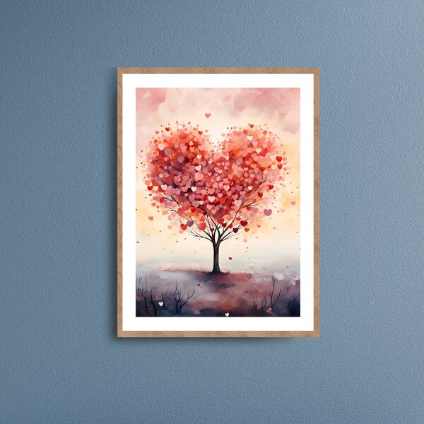 Heart Tree Wall Art, Heart-Shaped Leaves, Romantic Tree Wall Art, Love Blossoms, Tree of Love Art, Valentine's Day Gift, Digital Download