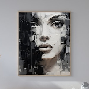 Abstract Woman Portrait Art Print, Modern Face Wall Art, Black and White, Textured Art, Contemporary Home Decor, Digital Download