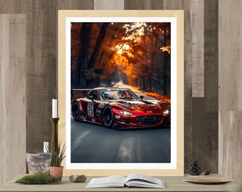May include: A red race car with the number 75 on the side drives down a road lined with trees in the fall. The sun shines through the trees, creating a warm glow.