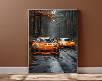 May include: Two bright orange sports cars drive down a wet, wooded road. The cars are facing the camera and the road is lined with trees on either side.