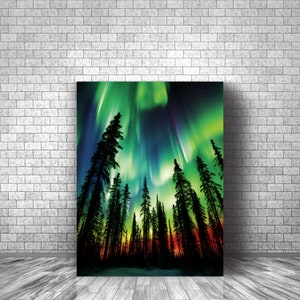 Aurora Borealis Wald Kunstdruck, Nordlichter Wandkunst, Natur Landschaft Dekor, Sternenhimmel, Wildnis Poster, Digitaler Download