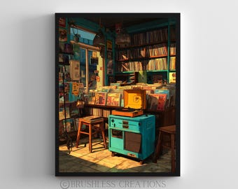 May include: An illustration of a vintage record shop interior. The image shows shelves and displays packed with vinyl records, a turquoise record player, and wooden stools. The shop is illuminated by warm sunlight, creating a nostalgic atmosphere.