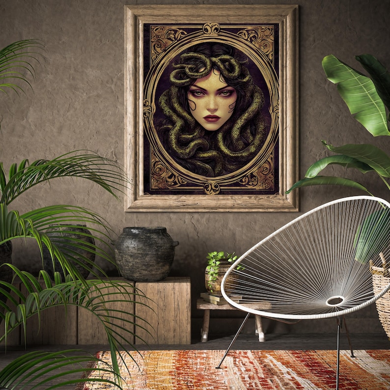 May include: A framed illustration of Medusa, a mythical Greek figure with snakes for hair, depicted in a dark, ornate frame with gold accents. The illustration is set against a brown wall with a potted plant and a chair in the background.