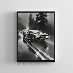 Klassische Schönheit: Chevrolet Corvette C2 Wanddruck – Oldtimer-Kunst, Muscle-Car-Poster, Oldtimer-Dekor, Schwarz-Weiß-Fotografie