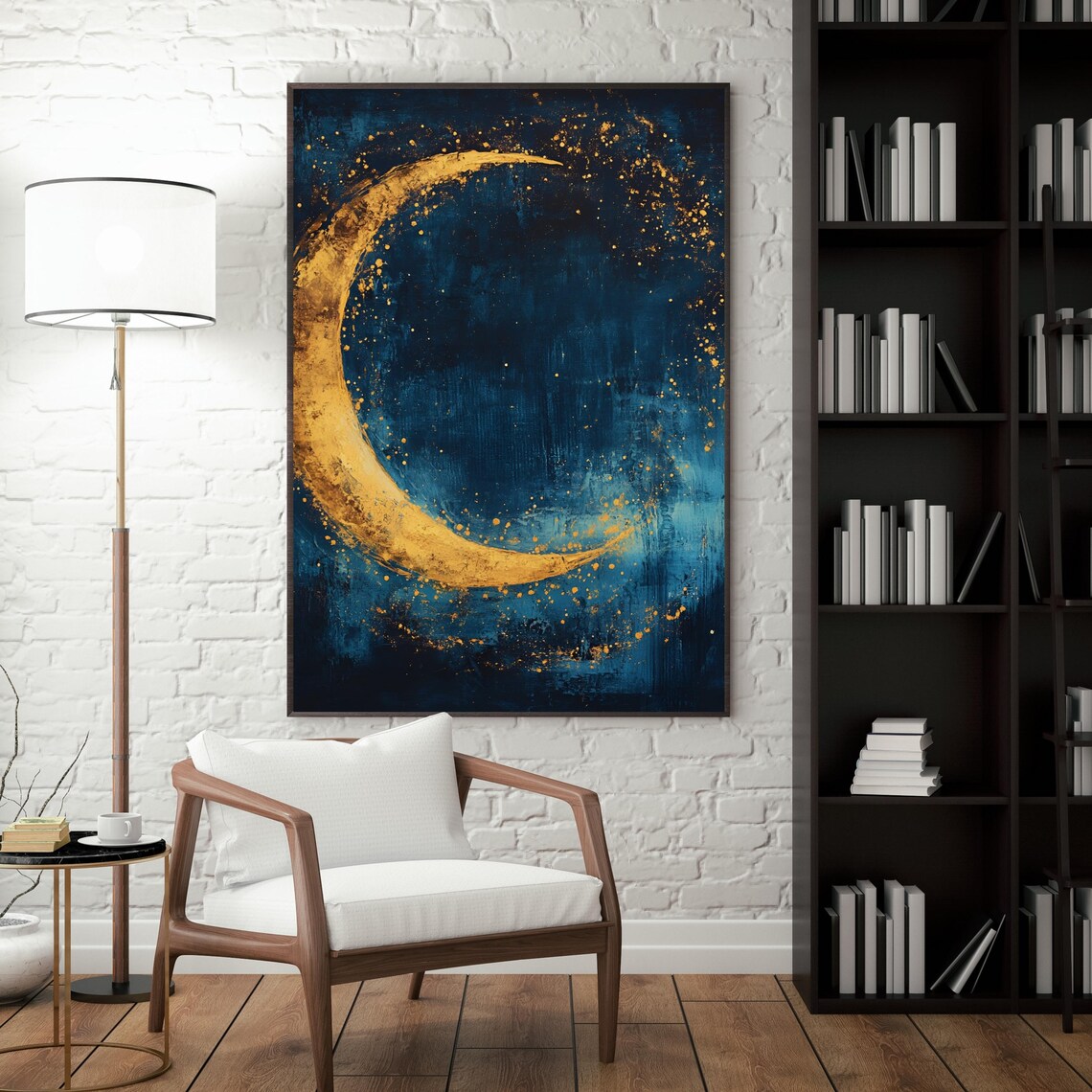Abstract Gold Crescent Moon Print: Celestial Night Sky Art (digital ...