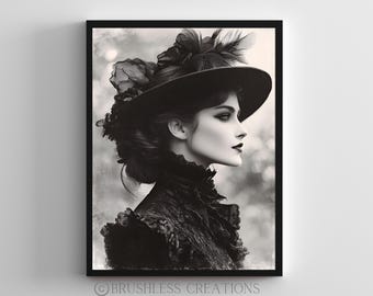 Portret kobiety wiktoriańskiej: gotycki monochromatyczny wydruk artystyczny (pobieranie cyfrowe)
