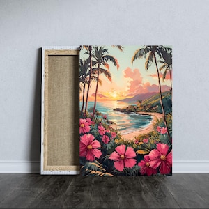 Hawaii Sunset Beach Print: Tropical Floral Seascape (Digital Download)
