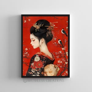 Geisha Art Print, Japanese Woman Wall Art, Oriental Beauty Poster, Cherry Blossom Decor, Traditional Asian Aesthetic, Digital Download
