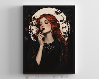 May include: A framed art print featuring a woman with long, red hair, wearing a black lace top, holding a black object to her lips. The background includes a white circle and dark floral elements. The artwork is signed "BRUSHLESS CREATIONS".