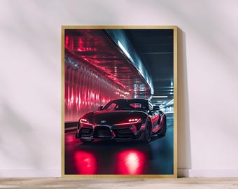 May include: A black sports car with red headlights drives through a tunnel with red and blue lights.