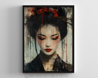 日本画 女性肖像 黒いフレーム 芸者の肖像画アート：抽象的な日本文化ポスター（デジタルダウンロード