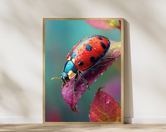 Biedronka – wydruk artystyczny: kolorowa fotografia makro owadów (pobranie cyfrowe)