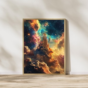 Surreal Castle in Space Print, Fantasy Galaxy Wall Art, Dreamy Sky Poster, Sci-Fi Castle Decor, Cosmic Surrealism Art, Digital Download
