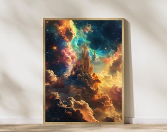 Surreal Castle in Space Art Print: Fantasy Galaxy Decor (Digital Download)