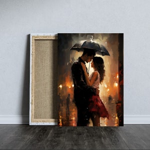 Rainy Romance: Love in the Rain Wall Art - Romantic Couple, Valentine&#39;s Day Love Gift, Umbrella Love, Puddle of Love, Reflective Romance