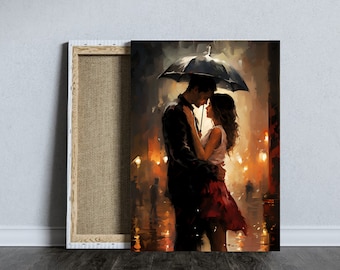 Rainy Romance: Love in the Rain Wall Art - Romantic Couple, Valentine's Day Love Gift, Umbrella Love, Puddle of Love, Reflective Romance