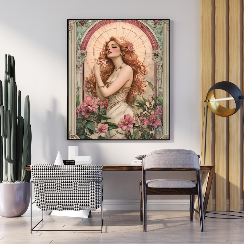May include: A painting of a woman with long red hair standing in a garden with pink flowers. The woman is wearing a white dress and has a flower in her hair. The painting is framed in a gold frame.