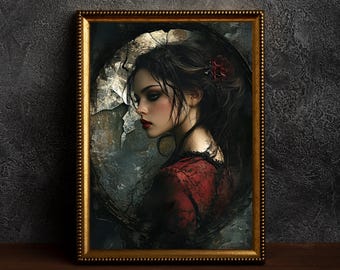 Op de afbeelding: Een ingelijst portret van een vrouw met donker haar en rode lippenstift, gekleed in een rode jurk. Het kunstwerk staat tegen een donkere, getextureerde achtergrond en is goudkleurig omlijst.