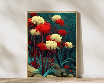Impresión de flor de lirio araña: Arte mural botánico rojo y blanco (descarga digital)