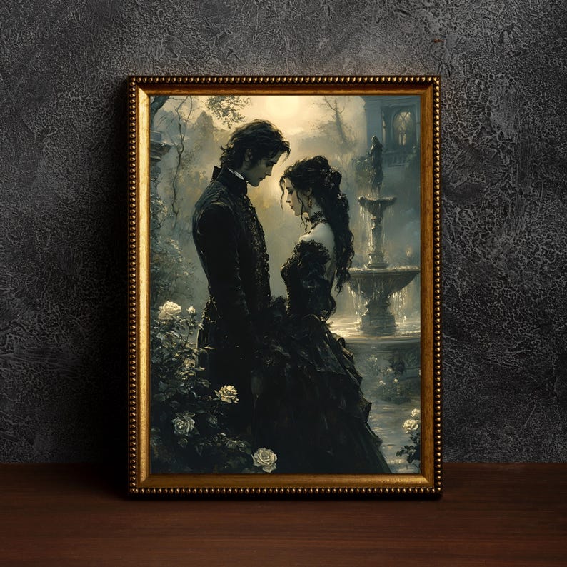 May include: A framed artwork depicts a romantic scene of a couple in a gothic garden. The man and woman are dressed in black attire, standing near a fountain and white roses. The gold frame adds a touch of elegance to the dark, atmospheric artwork.