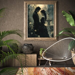 May include: A framed artwork depicts a couple in Victorian attire, set against a backdrop of a fountain and lush greenery. The painting, in a wooden frame, is the focal point of a room with a neutral color palette, complemented by plants and a modern chair.