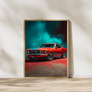 Póster del Mustang Mach 1 de 1967, arte mural de muscle car clásico, impresión de autos retro, póster de coches clásicos, decoración automotriz llamativa, descarga digital