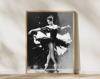 May include: Black and white abstract painting of a ballerina in a tutu. The dancer is in a graceful pose with arms outstretched. The artwork is framed in a gold-colored wooden frame, adding a touch of elegance to the piece.