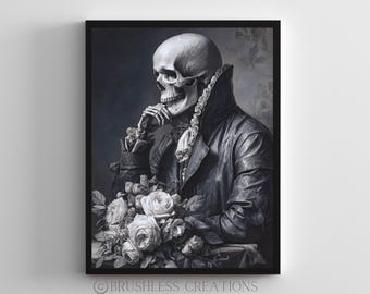 Gothic Thinking Skeleton Portrait Print: Victorian Skull Art (Digital Download