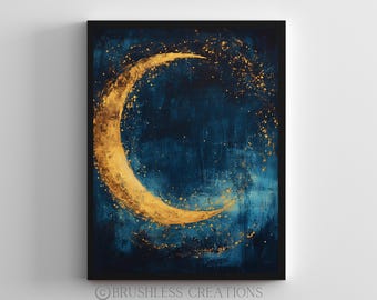 Abstract Gold Crescent Moon Print: Celestial Night Sky Art (Digital Download)