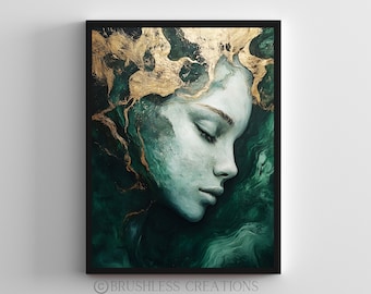 Retrato de mulher abstrata verde: arte com efeito de folha de ouro (download digital)